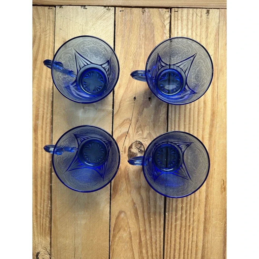 Vintage Depression Hazel Atlas Royal‎ Lace Cobalt Blue Cup Set Of 4